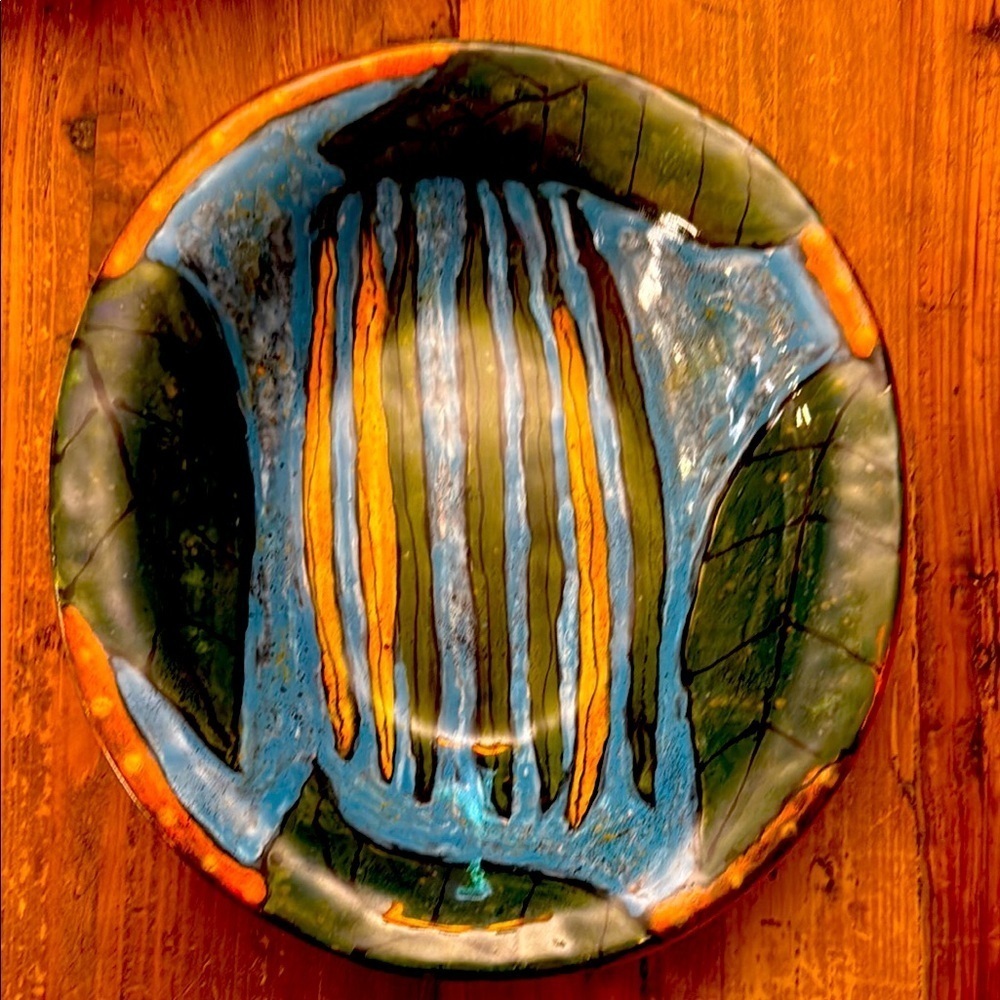 Abstract Green and Blue handcrafted hand painted green bean serving bowl.